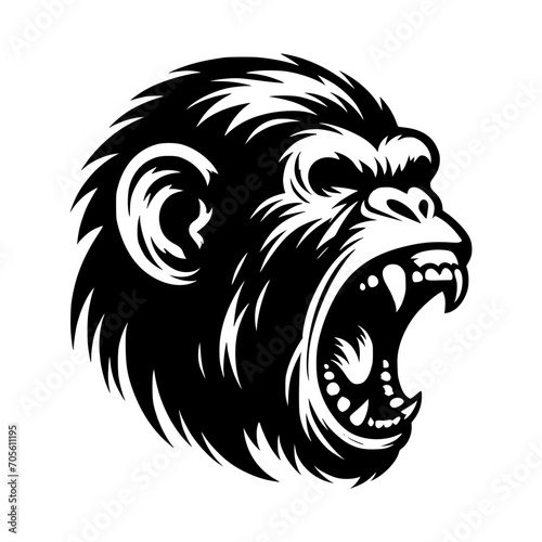 Vector logo of a raging gorilla. Professional logo of a chimpanzee. Black and white logo of an ape isolated on white background.