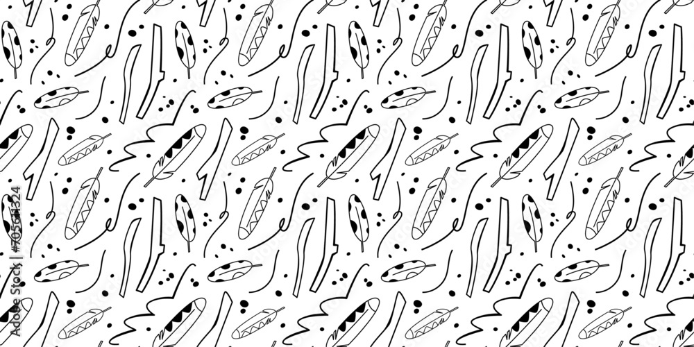 Monochrome seamless pattern with feathers, branches, spots. Nature concept. Scandinavian style. Background for wallpaper, web banner, textile, wrap, etc.
Monochrome seamless pattern with feathers, branches, spots. Nature concept. Scandinavian style. Background for wallpaper, web banner, textile, wrap, etc.