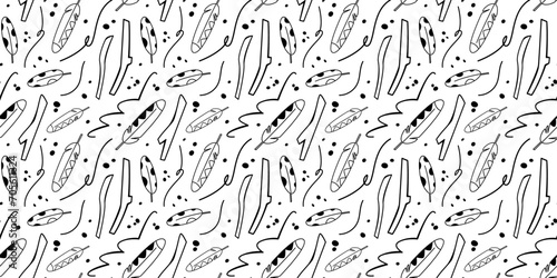 Monochrome seamless pattern with feathers  branches  spots. Nature concept. Scandinavian style. Background for wallpaper  web banner  textile  wrap  etc. 
