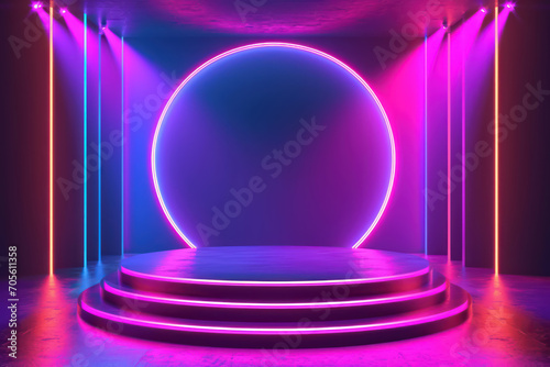 Abstract Stage podium with futuristic neon lighting, Stage Podium Scene for Award. Futuristic neon theme