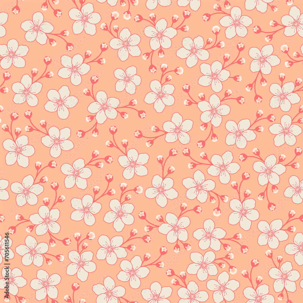 Peach Fuzz Floral Print. Ditsy cherry Blossom seamless pattern. Orange botanical flower background. Good for fabric, fashion design, kimono, summer dress, textile, wallpaper, clothing. Peach Fuzz Floral Print. Ditsy cherry Blossom seamless pattern. Orange botanical flower background. Good for fabric, fashion design, kimono, summer dress, textile, wallpaper, clothing.