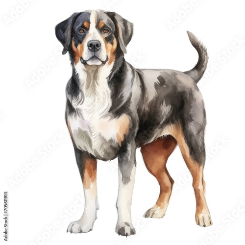 Greater Swiss Mountain dog breed watercolor illustration. Pet drawing on white background. photo