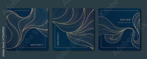Vector set of art deco cards, line wave patterns, japanese style sea illustrations. Vintage luxury abstract graphic, gold shape elements photo