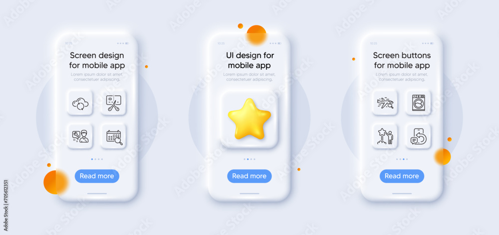 Bankrupt, Phone message and Washing machine line icons pack. 3d phone mockups with star. Glass smartphone screen. Repairman, Star, Search calendar web icon. Cloud sync, Search flight pictogram. Vector Bankrupt, Phone message and Washing machine line icons pack. 3d phone mockups with star. Glass smartphone screen. Repairman, Star, Search calendar web icon. Cloud sync, Search flight pictogram. Vector