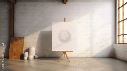 White canvas for mockup with blurred brick wall room interior Created with generative Ai 