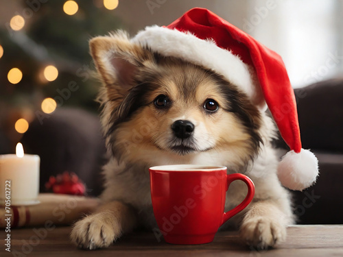 Adorable Dog in Santa Claus Hat Holding Coffee Mug