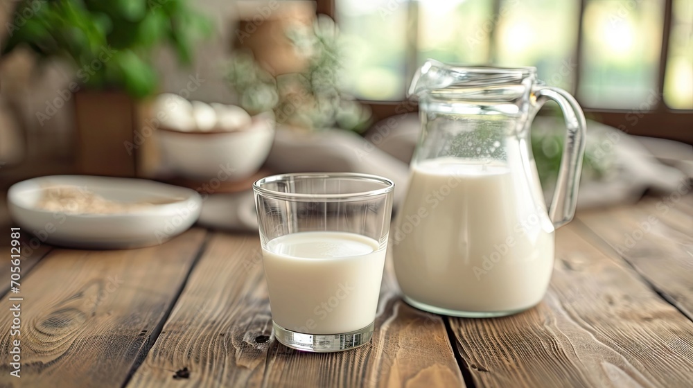 A jug of milk and glass of milk on a wooden table A jug of milk and glass of milk on a wooden table