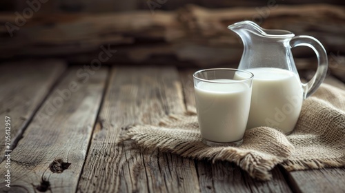 A jug of milk and glass of milk on a wooden table 