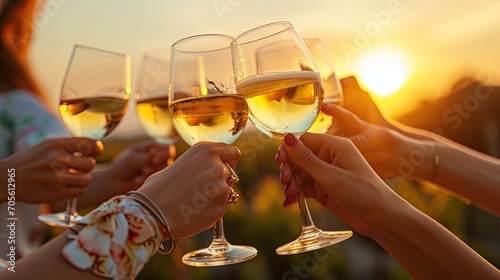 A group of girlfriends raise a toast with glasses of white wine on a sunset. Close shot. 