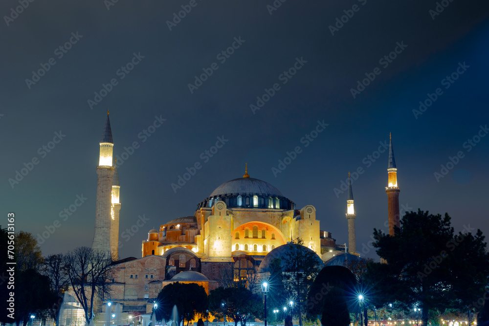 Visit Istanbul background photo. Hagia Sophia or Ayasofya Mosque view at night