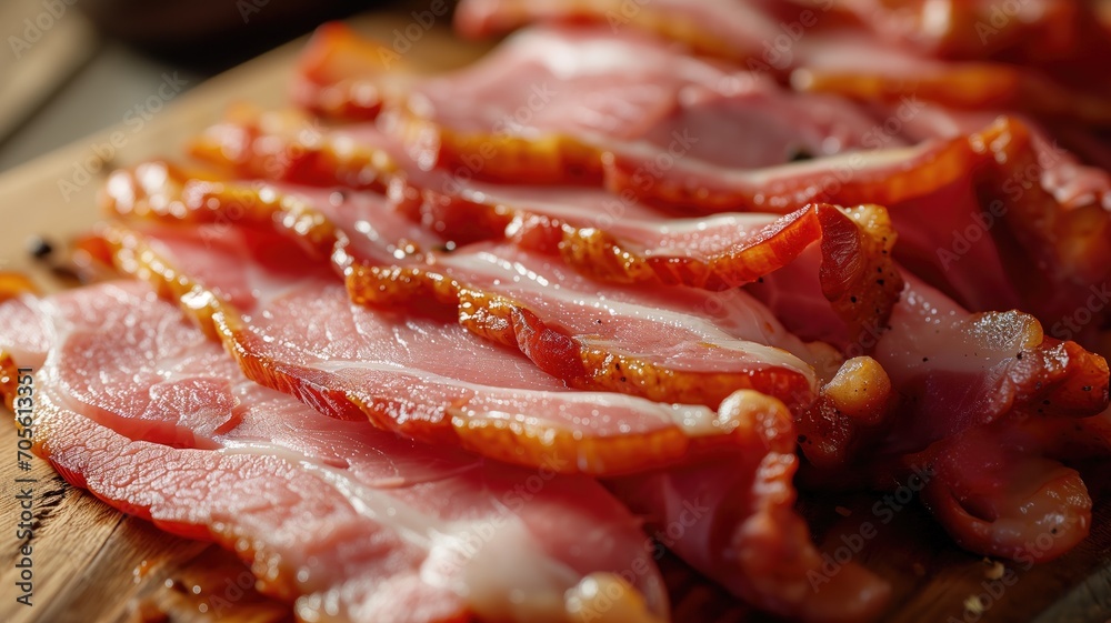 Close-up of freshly cooked bacon slices on a cutting board