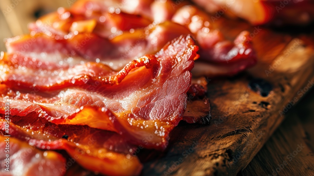 Cooked bacon slices on a rustic wooden board Cooked bacon slices on a rustic wooden board