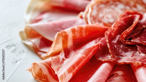 Close-up of assorted, thinly sliced cured meats photo