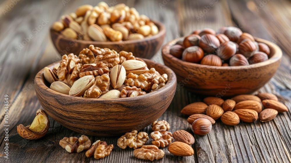 Almonds, walnuts and hazelnuts in wooden bowls on wooden background Almonds, walnuts and hazelnuts in wooden bowls on wooden background