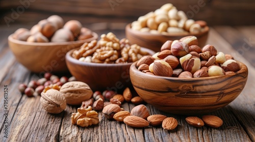 Almonds, walnuts and hazelnuts in wooden bowls on wooden background 