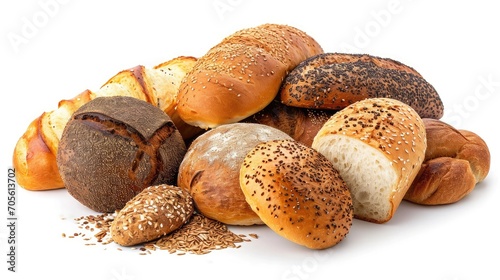 Assortment of baked bread on wooden table background 
