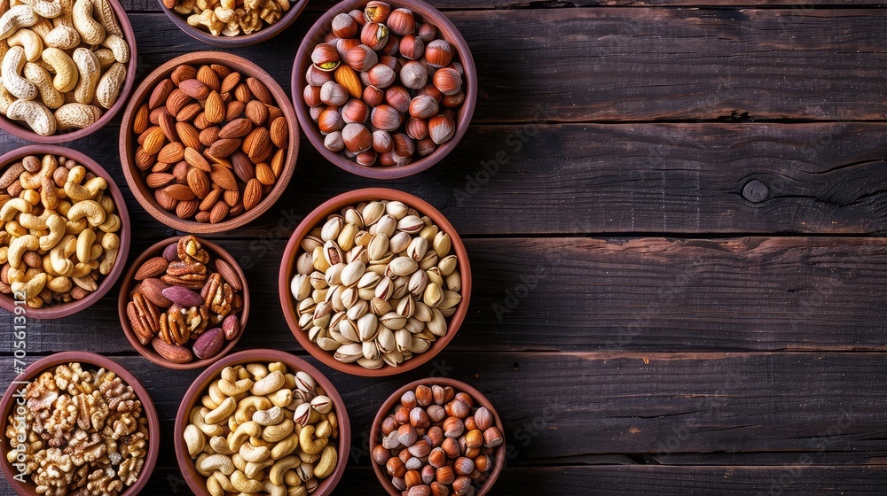 Assortment of nuts in bowls. Cashews, hazelnuts, walnuts, pistachios, pecans, pine nuts, peanuts, macadamia, almonds, brazil nuts. Food mix on wooden background, top view, copy space Assortment of nuts in bowls. Cashews, hazelnuts, walnuts, pistachios, pecans, pine nuts, peanuts, macadamia, almonds, brazil nuts. Food mix on wooden background, top view, copy space