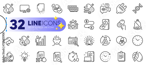 Outline set of Ram, Timer and Iodine mineral line icons for web with Graph chart, Mute, Statistics thin icon. Monitor settings, Qr code, Cloud share pictogram icon. Lotus, Time change. Vector