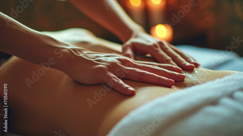 Hands give a calming back massage with oil to a young female, highlighting wellness and relaxation. photo