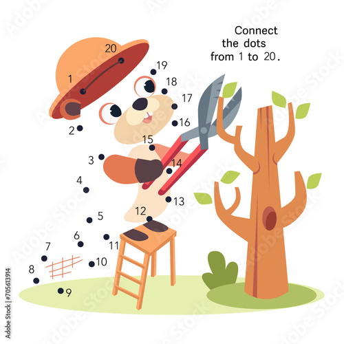 Dot to dot. Connect the dots from 1 to 20. Puzzle game for children. Cute beaver and tree. Vector illustration and animals.