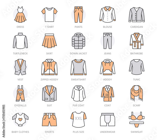 Fasion flat line icons. Men, women apparel - dress, down jacket, jeans, underwear, sweatshirt, turtleneck, sweater. Thin linear signs for clothes and accessories store. Orange Color. Editable Stroke