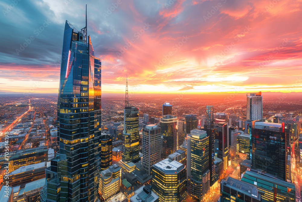 Obraz premium A breathtaking sunset over a cityscape with skyscrapers and vibrant skies, highlighting the urban architecture and city life.