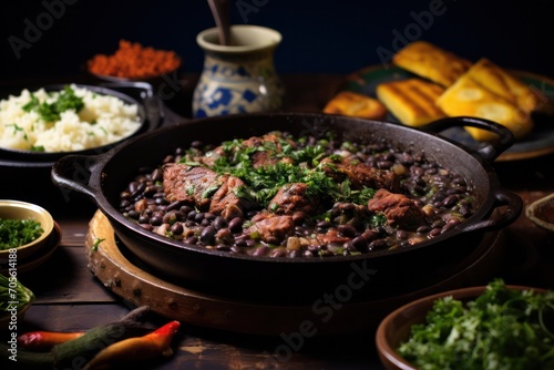 Feijoada - Brazilian Black Bean Stew traditional homemade meal at family dinner. Comfort food of meat with vegetables.