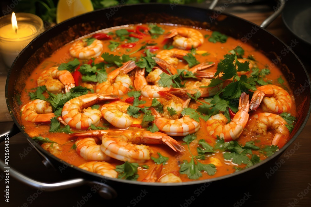 homemade seafood Brazilian Prawn Coconut Stew - Moqueca de Camarao at family christmas dinner in a pan homemade seafood Brazilian Prawn Coconut Stew - Moqueca de Camarao at family christmas dinner in a pan