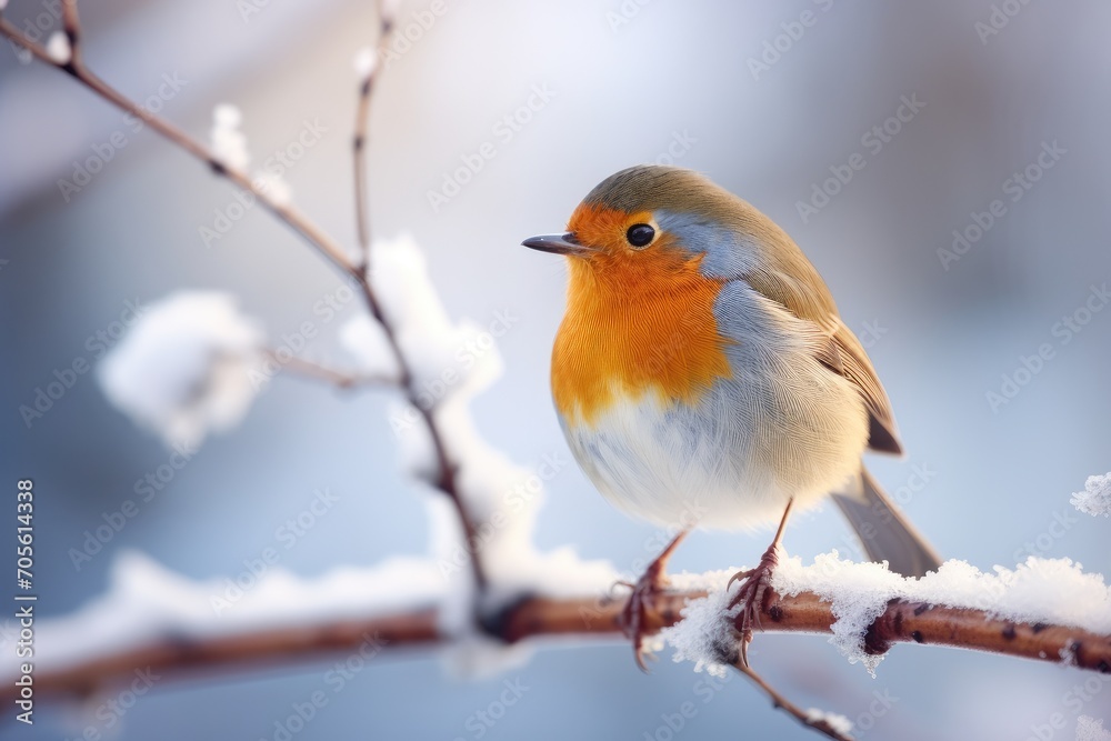Solitary Robin Braving the Winter Chill, Perched on a Frosty Branch - A Snapshot of Serenity. Generative AI Solitary Robin Braving the Winter Chill, Perched on a Frosty Branch - A Snapshot of Serenity. Generative AI