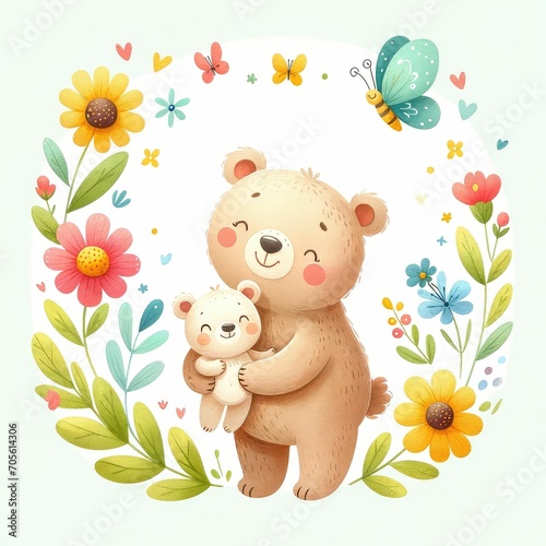 Cute cartoon bear mom hugging baby cub  sweet brown bears family watercolor with white background