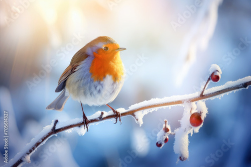 Solitary Robin Braving the Winter Chill, Perched on a Frosty Branch - A Snapshot of Serenity. Generative AI