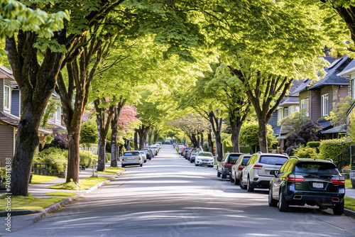 A peaceful suburban street lined with lush green trees on a sunny spring day, depicting comfortable residential living.