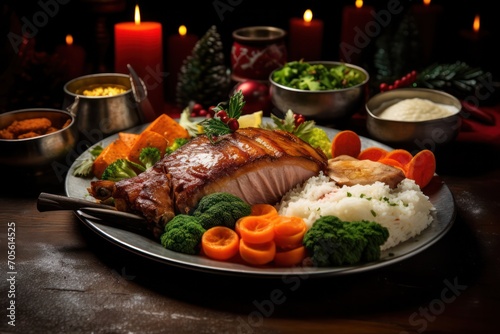 grilled fish with rice and vegetables at candlelight dinner 