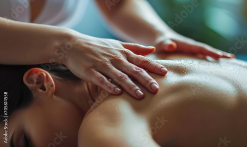 Hands give a calming back massage with oil to a young female  highlighting wellness and relaxation.