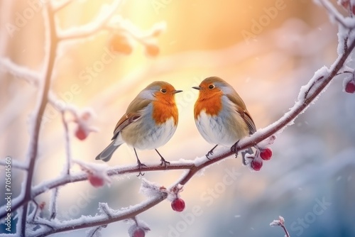 Two Robins in a Wintry Dance, Perched on Snow-Dusted Berries - A Harmony of Nature. Generative AI © Gelpi