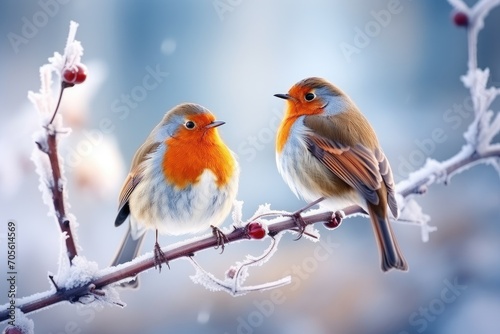 Two Robins in a Wintry Dance, Perched on Snow-Dusted Berries - A Harmony of Nature. Generative AI © Gelpi