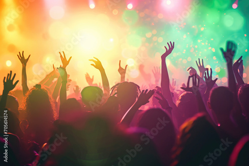 An energetic crowd of people enjoying lively music at a colorful concert or festival at night.
