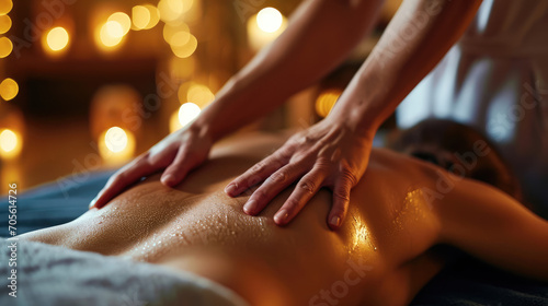 Hands give a calming back massage with oil to a young female, highlighting wellness and relaxation. © Jan