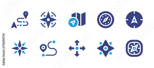 Navigation icon set. Duotone color. Vector illustration. Containing route, directions, compass, navigation, distance, cardinal point.