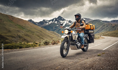 Adventurous motorcycle rider on the road on a motorcycle with camping bags