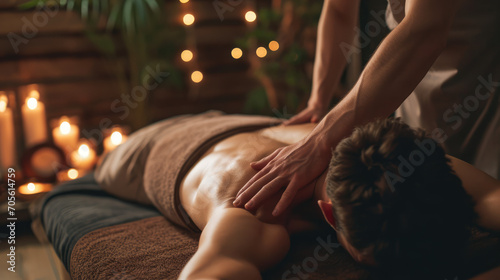 Close-up of a man receiving therapeutic, relaxing back massage in a serene spa setting. photo