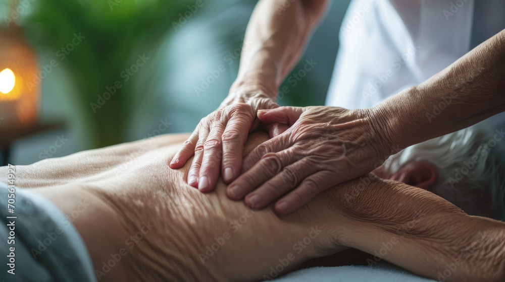 Close-up of therapeutic hands performing a relaxing back massage on old person in a serene spa setting. Close-up of therapeutic hands performing a relaxing back massage on old person in a serene spa setting.