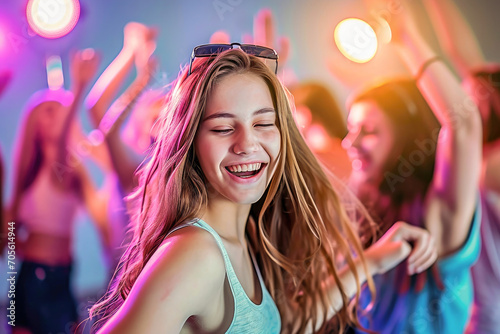 A joyful young woman smiling and dancing with friends at a lively party with colorful lights in the background.
