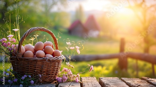 Basket of colorful chicken eggs on a wooden table in the chicken farm 