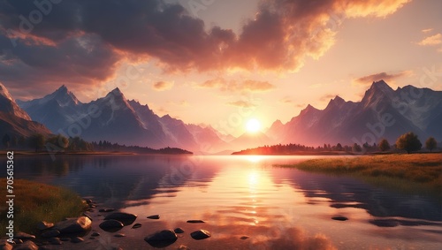 Tranquil Sunrise Over Mountain Range Reflecting on Calm Lake Water