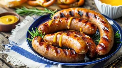 Bavarian traditional grilled pork sausages on ceramic plate served with german sweet mustard and pretzels bread on white and blue napkin over wooden background.