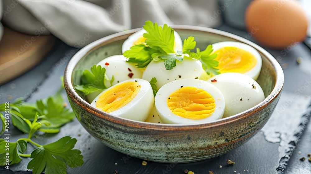 Boiled eggs in a bowl decorated with parsley leaves Boiled eggs in a bowl decorated with parsley leaves