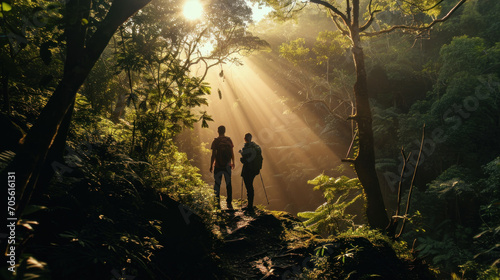 Man and Woman Hikers Admiring Sunbeams Streaming Through Trees