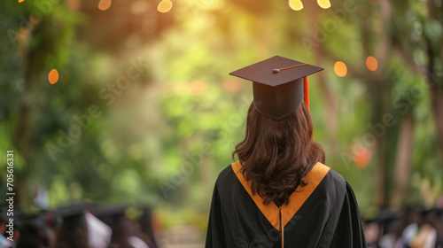 Rear view of young student wearing graduation gown with graduation cap on her commencement day