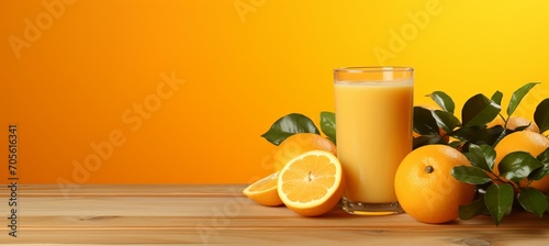 Vibrant orange juice in glass on wooden table, against soft orange background with text space